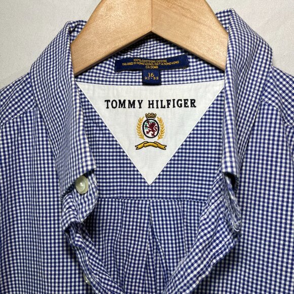 Vintage Tommy Hilfiger Shirt Mens 16 32-33 Blue Checkered Button Up Long Sleeve - Picture 3 of 6